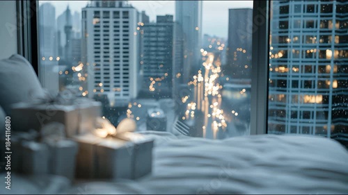 Gift boxes elegantly wrapped with ribbons rest on a bed, set against a background of a city skyline at dusk. The soft city lights create a bokeh effect. Video made using Generative AI.
