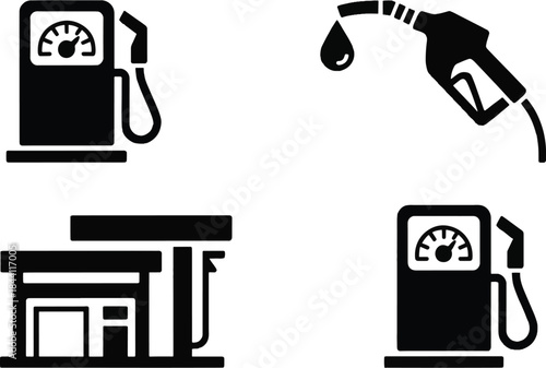 Fuel pump and gas station icons. Petroleum nozzle, refueling service, and energy consumption vector symbols.