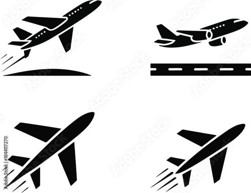 Airplane takeoff and airport travel line icon set. Aviation, jet aircraft, and transportation vector symbols.