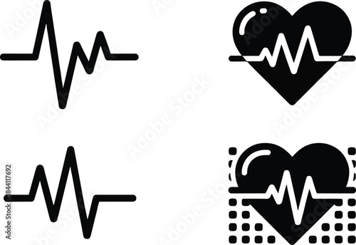 Heartbeat and medical pulse monitoring line icon set. ECG, cardiology health, and vital sign analysis vector symbols.