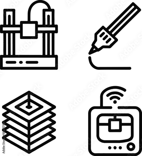 3D printing and additive manufacturing line icon set. Rapid prototyping, layer structure, and modern technology vector symbols.