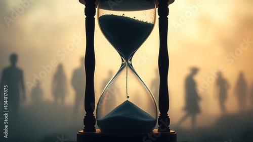 An hourglass with liquid time dripping away, surrounded by faint ghostly silhouettes, symbolizing fleeting moments of life.