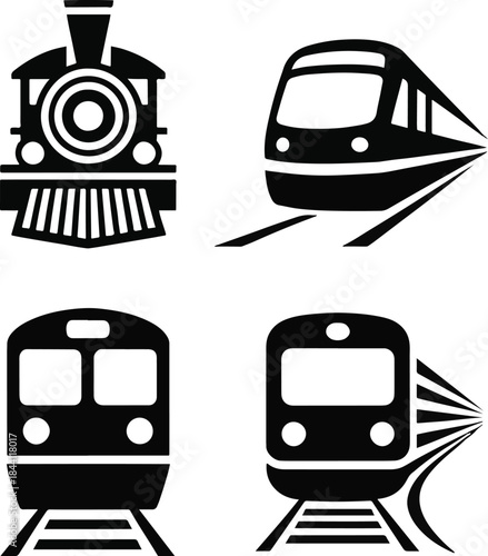 Train transport and locomotive line icon set. Rail vehicle, subway, classic steam engine, and track road vector symbols.