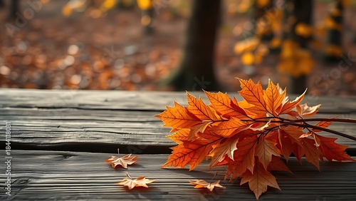 Wooden table with autumn orange leaves in a rustic seasonal composition.