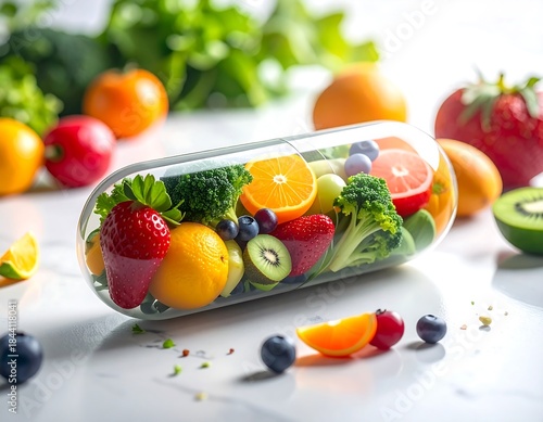 Fruit and vegetables fill a clear pill capsule on a marble surface, health focus