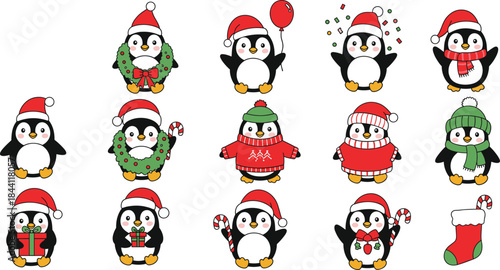 Cute Christmas penguin collection featuring festive outfits, gifts, wreaths, candy canes, and holiday accessories for winter illustrations