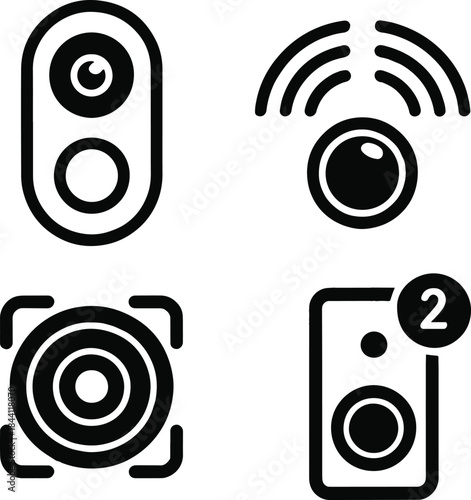 Audio speaker and sound output line icon set. Wireless music, signal broadcast, and media playback vector symbols.