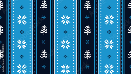 Striped Christmas Seamless Pattern with Fir Trees, Flowers. Christmas Background with Winter Elements. Merry Christmas and Happy New Year Design. Vector illustration in Blue, White