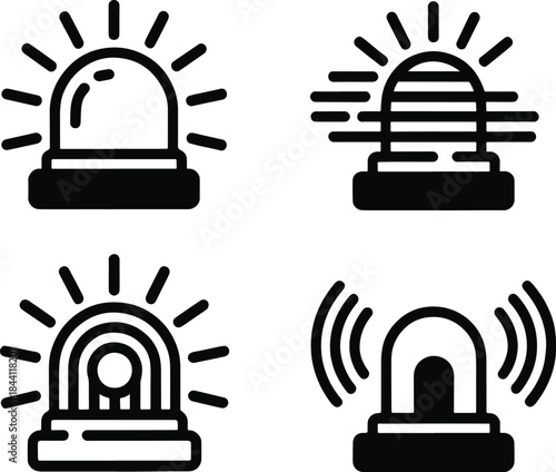 Emergency alarm and security siren line icon set. Safety warning, alert signal, and flashing light vector symbols.