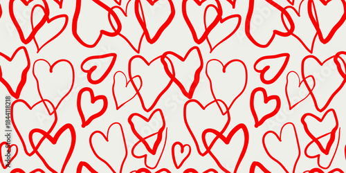 Cute romantic red love heart seamless pattern background print. Valentine's Day holiday illustration background texture, romantic wedding design.