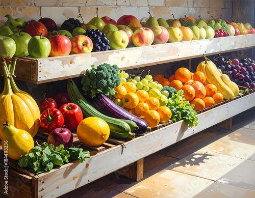 Fruit and vegetables artfully displayed on wooden shelves, sunlit setting