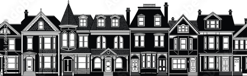 Extensive Victorian and European Terraced Houses Vector Silhouette, Featuring Detailed Facades, Bay Windows, Turrets, and Dormers, Ideal for Historical Cityscape and Town Borders.