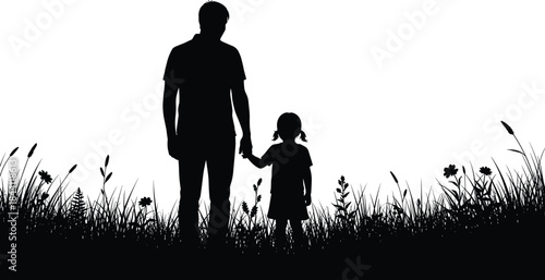 Father and daughter silhouette walking together, holding hands in field of grass, symbolizing family love, childhood bonding, care, and parenthood, isolated on white background.