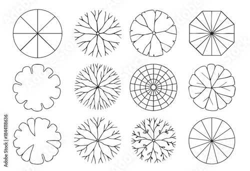 Diverse Architectural Tree and Canopy Plan View Vector Icons Set for CAD and Landscape Design