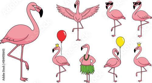 Cute flamingo character vector set featuring playful poses, accessories, balloons, crowns and fun tropical illustration elements for designs