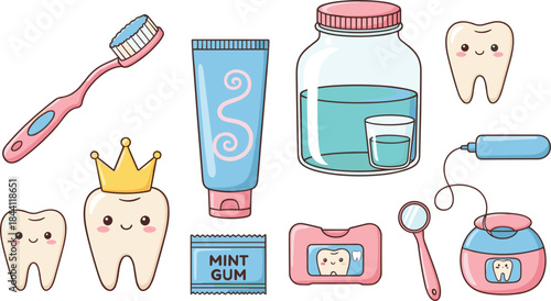 Cute dental care vector set with smiling teeth, toothbrush, toothpaste, floss, mouthwash and kawaii hygiene elements for kids designs
