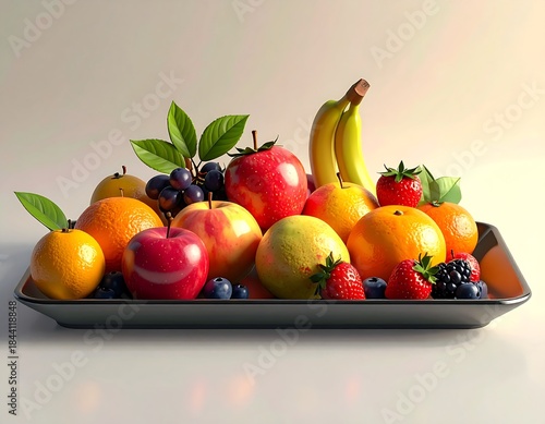 Fruit platter with apples, oranges, grapes, bananas, and berries on a black tray