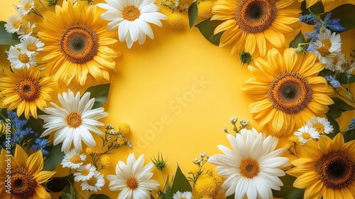 Bright yellow sunflowers and white daisies arranged in a circular frame on a yellow background evoking warmth and cheerfulness