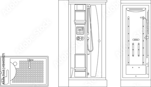 Vector sketch illustration silhouette design image of portable shower cabinet for small bathroom