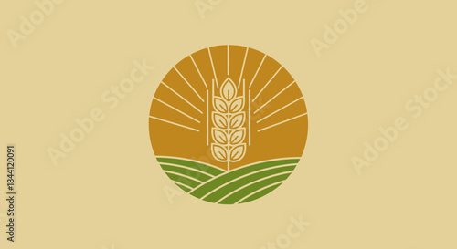 Wheat Sunrise Emblem – Minimal Agricultural Logo with Grain, Sun Rays, and Field for Organic Farm and Food Branding