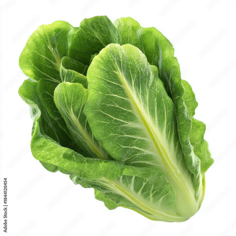 Obraz premium Fresh Green Romaine Lettuce Leaves Isolated on White Background Studio Lighting Healthy Food Ingredient