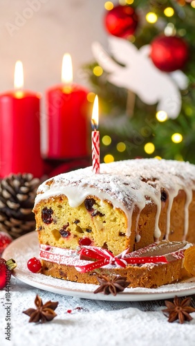 Fruitcake, candle, red ribbon and decor adorn a table beneath festive Christmas tree lights