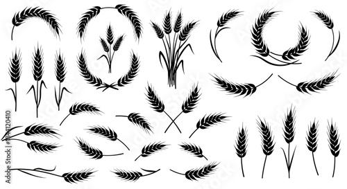 Collection of black silhouette wheat ears and stalks in various arrangements, symbolizing agriculture and harvest.