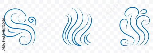 Smoke smell, steam aroma heat icon. Hot vapor fire doodle line logo set. Collection of abstract swirling lines representing smoke or steam. eps 10