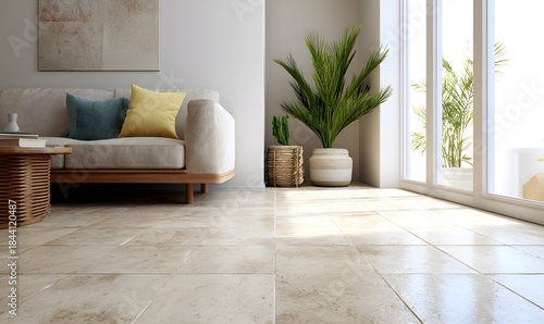 An interior shot of a modest Central American living room. Clean ceramic tile floor, simple furniture arrangement