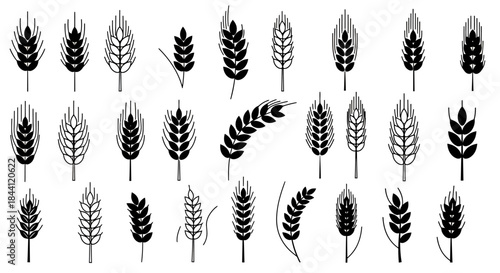 A collection of various black and white stylized illustrations of wheat and grain ears, depicting different shapes and forms suitable for agricultural and food-related designs.