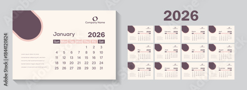 Clean and simple 2026 calendar design. Week starts on Sunday. 12 months calendar in minimal layout clip art collection.