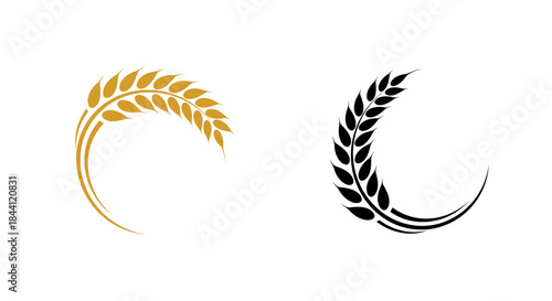 Stylized golden and black wheat ears forming crescent shapes, symbolizing agriculture and harvest.