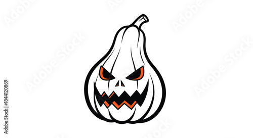 Spooky black and white Halloween pumpkin with a scary carved face and glowing orange eyes for a spooky Jack-o'-lantern design.