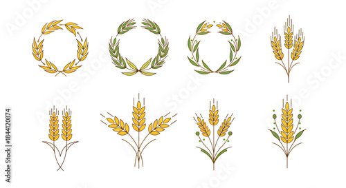 Eight stylized illustrations of golden wheat and green leaf wreaths and bundles on a white background.