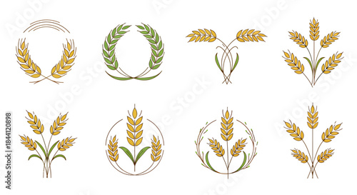 Eight stylized illustrations of golden wheat stalks and grain arranged in wreaths and bouquets on a white background, suitable for emblems or logos.