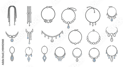 Hand-drawn collection of elegant and luxurious jewelry, including various necklaces and bracelets with sparkling diamonds and gemstones.