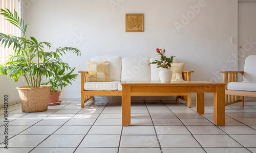 An interior shot of a modest Central American living room. Clean ceramic tile floor, simple furniture arrangement