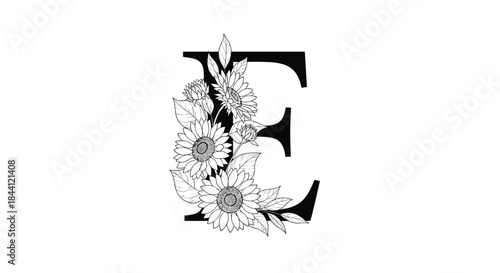 Beautiful floral monogram of the capital letter E, decorated with intricate hand-drawn black and white sunflowers and leaves.