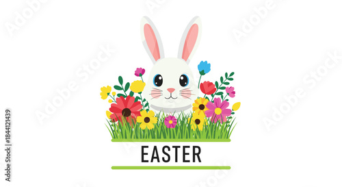 Cute Easter design featuring the head of a white bunny peeking out from behind colorful spring flowers with text below.
