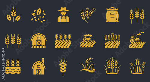 A collection of golden agriculture and farming icons featuring wheat, grain, farmer, barn, tractor, and fields on a dark background.