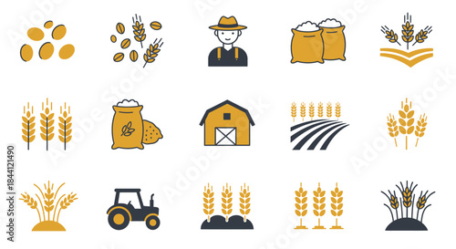 A collection of flat design icons representing agriculture, farming, wheat, grains, and related elements like a farmer, barn, and tractor.
