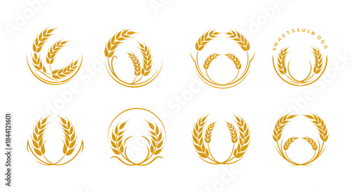 Collection of eight golden wheat ear logo designs, symbolizing agriculture, baking, and natural food products.