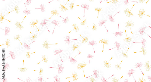 Seamless pattern of delicate pink and yellow dandelion seeds blowing and floating gently across a clean white background.