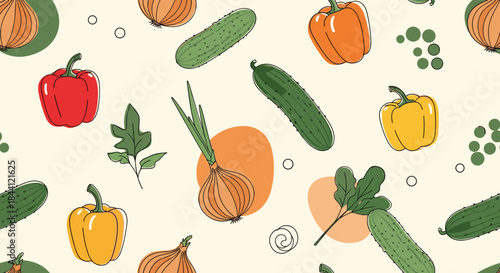 Seamless pattern of fresh vegetables with hand-drawn cucumbers, bell peppers, and onions, accented with abstract shapes and dots.