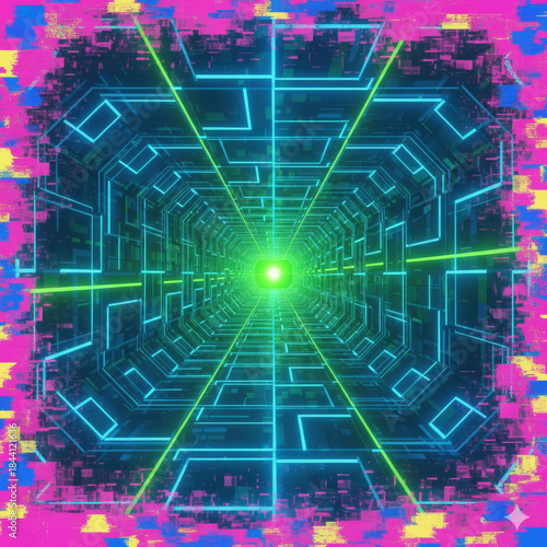Vibrant Cyberpunk Glitch Tunnel: A Retro-Futuristic Journey Through a Neon Grid Data Stream with Digital Distortion