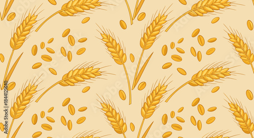 A seamless pattern featuring golden wheat stalks and scattered grains on a light background, illustrating agriculture and harvest.