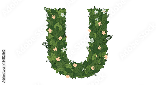 Beautiful botanical alphabet letter U made from lush green leaves, ferns, and small delicate flowers for a natural typography design.