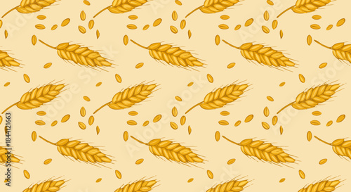 Seamless pattern featuring golden wheat ears and scattered grains on a light background, depicting a harvest or agricultural theme.