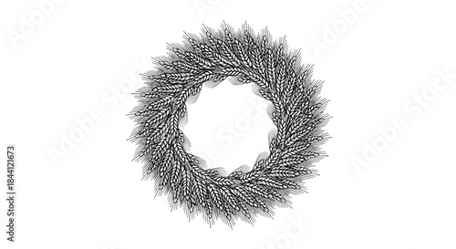 Intricate hand-drawn black and white wreath made of wheat ears, creating a detailed circular frame for logos or rustic designs.