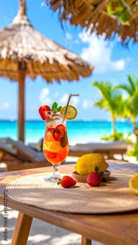 Fruity cocktail on a table, beach backdrop, blurred chairs and umbrella in background